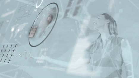 animation of financial data processing over caucasian businesswoman