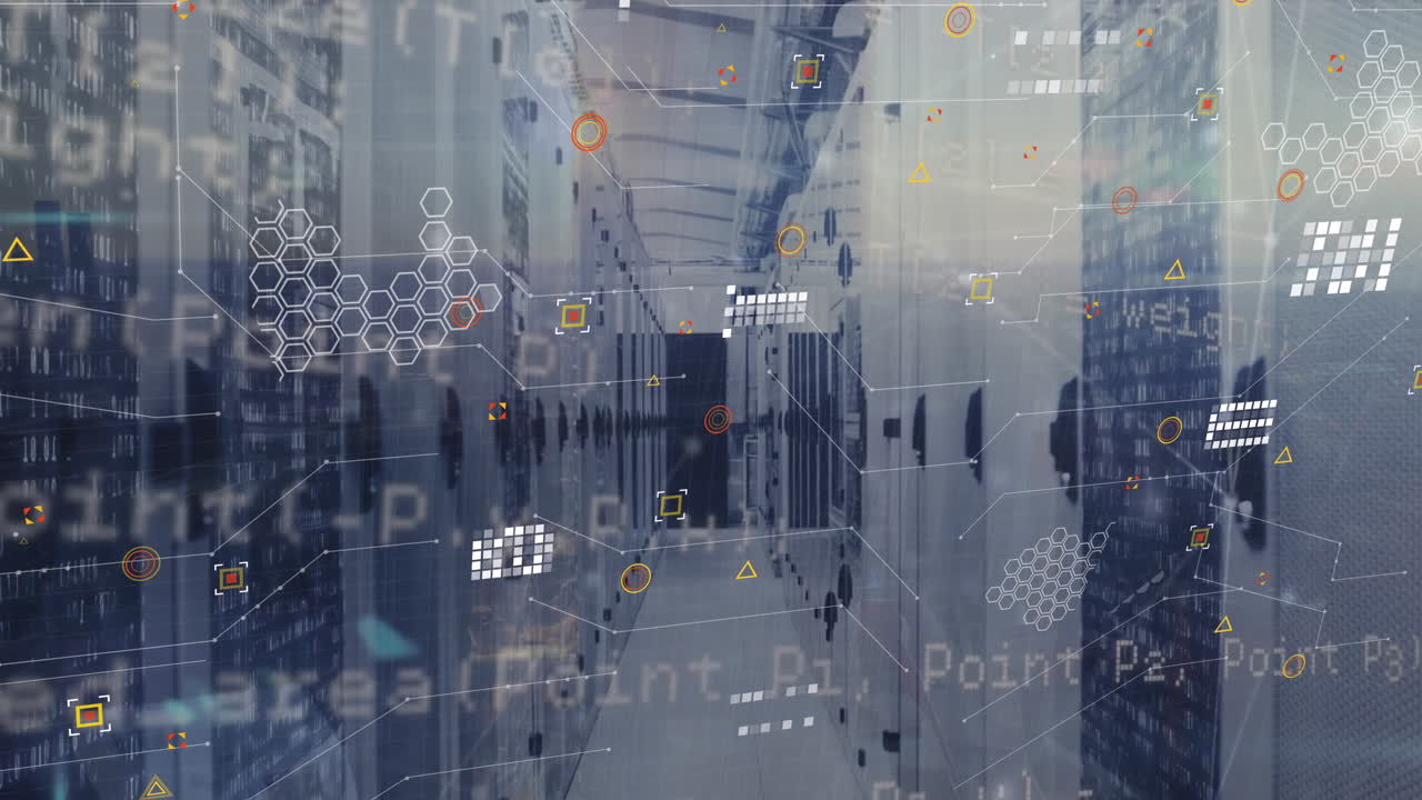 Animation of data processing and network of connections against computer server room