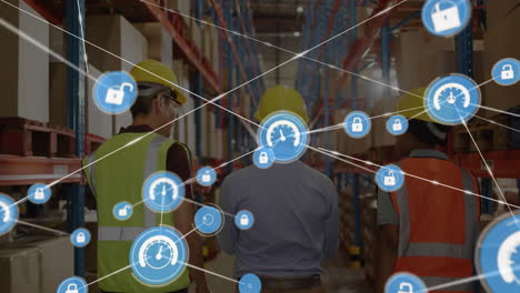 network of connections and security icons animation over warehouse workers