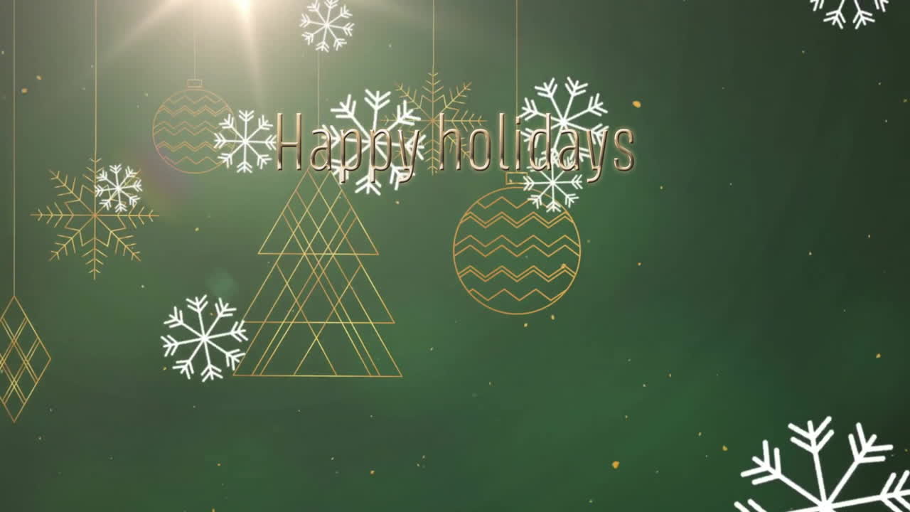 animación de felices fiestas texto y nieve cayendo sobre decoraciones de navidad en fondo verde