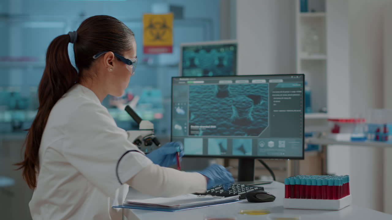 Biologist analyzing liquid in test tube and using computer