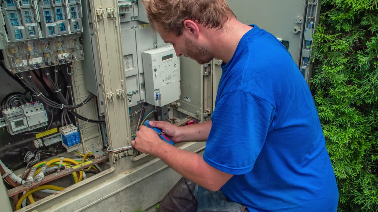 joven cortando cables eléctricos frente al armario eléctrico
