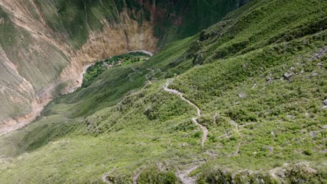 drone shot captured midway along the path from cabanaconde to sangalle, showcasing the dramatic descent with the colca canyon's vast landscape and the oasis of sangalle in the distance.