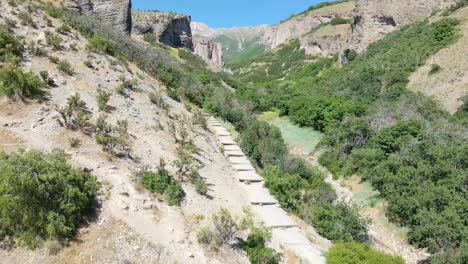 flying above a trail leading into a rugged canyon in a wilderness area