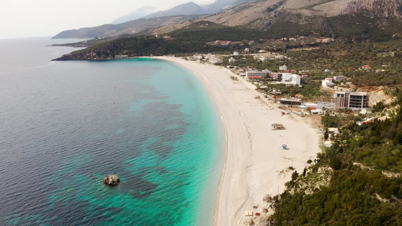 Drone shot of Livadi beach in Albania on summer day