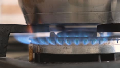 closeup shot of blue fire from domestic kitchen stove. gas cooker with burning flames propane gas.