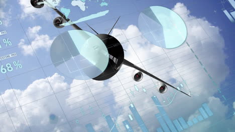 animación de la interfaz infográfica sobre el avión que vuela contra el cielo nublado