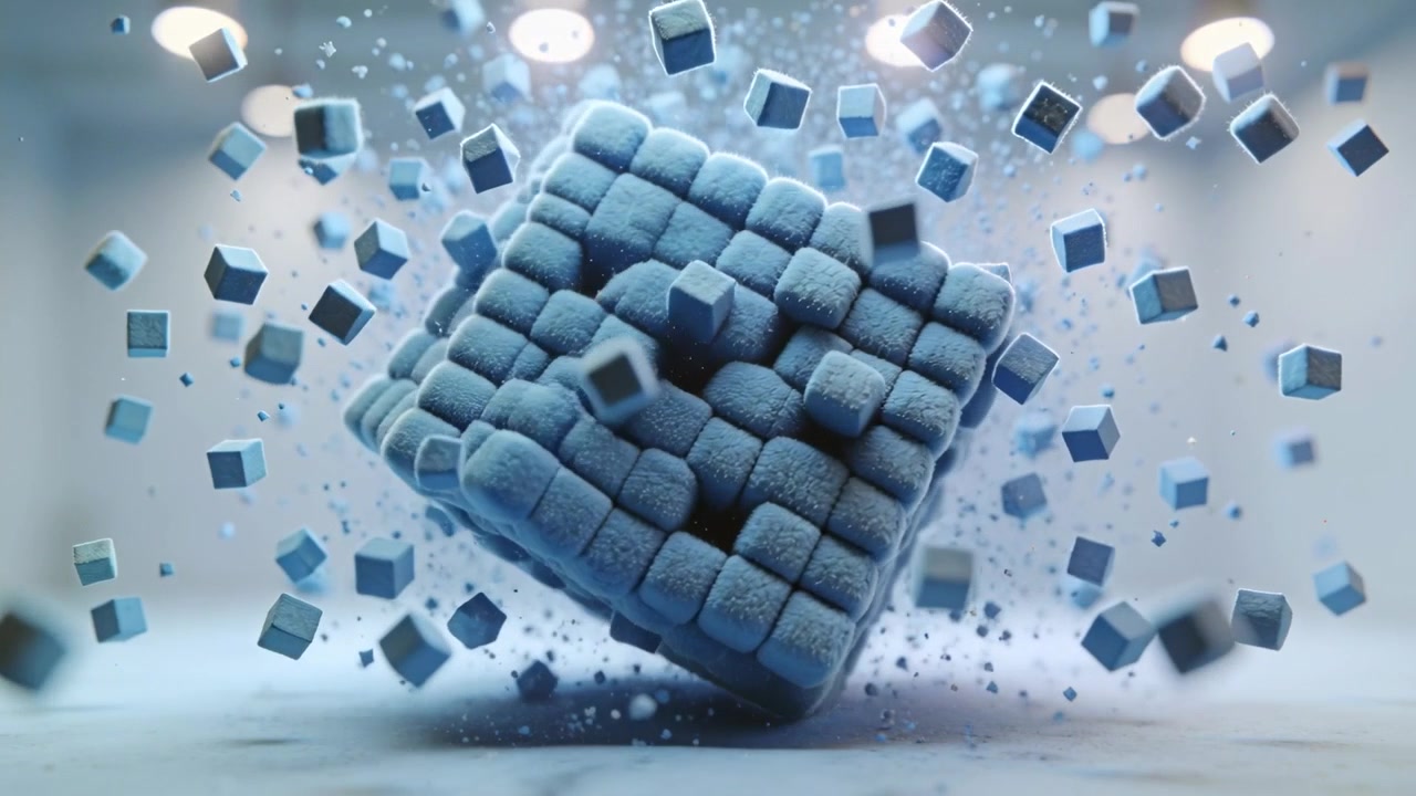 Pulsing plush voxel cube shedding rounded sub-cubes, rotating and lifting in studio, lights
