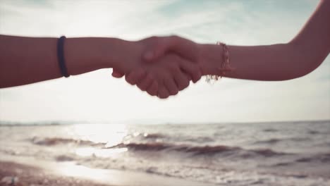 deal hands, hand shake woman on sand, seaside. blurry background with empty sea and hand gestures, successful job, tem or partnership agreement outside.