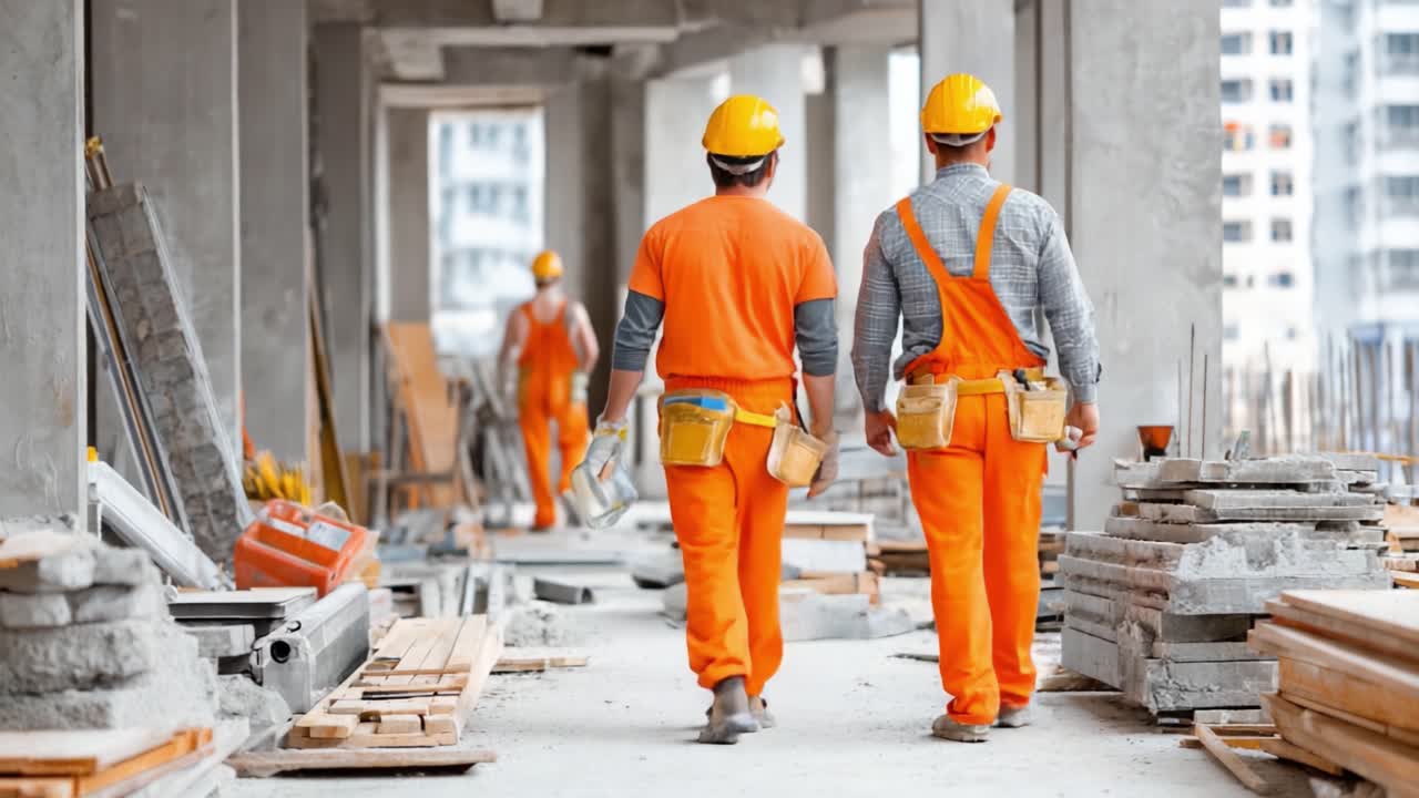 Construction Workers in Safety Gear Walking Through Busy Building Site, Symbolizing Teamwork and Progress in the Construction Industry