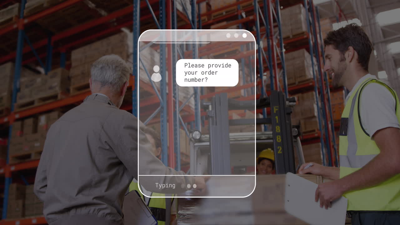 Animazione di elaborazione dati su un supervisore maschio caucasico che istruisce i lavoratori in magazzino.