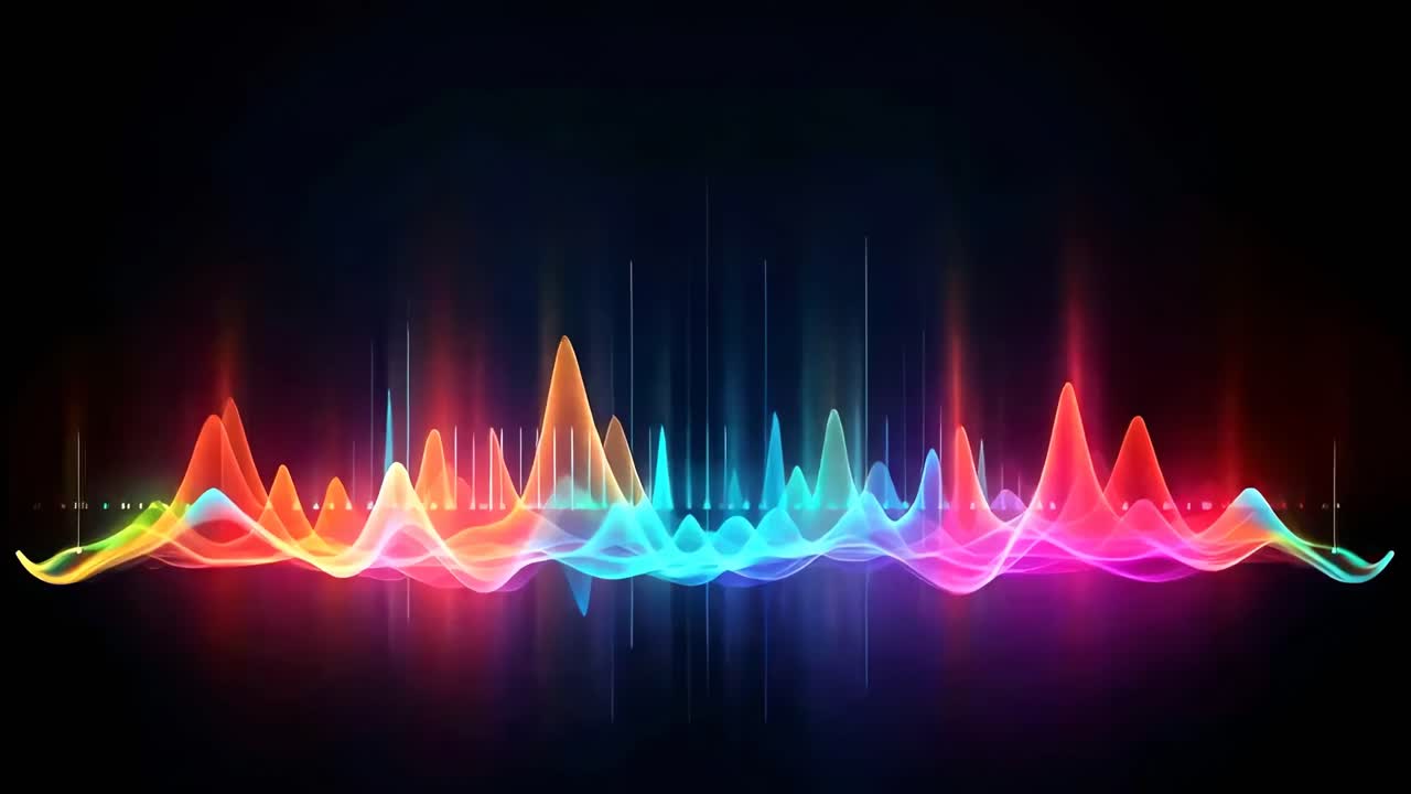 Colorful sound waves in a digital art style, viewed from a frontal angle, creating a dynamic
