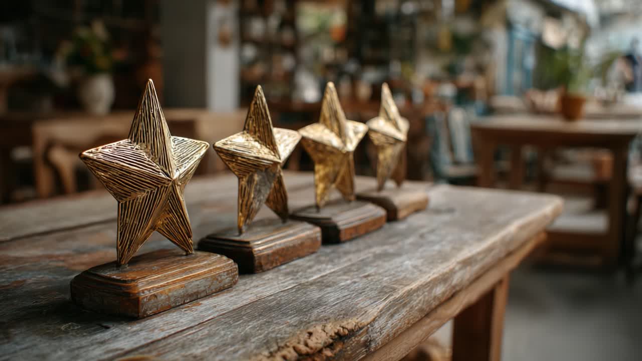 A Close-Up Perspective of Exquisite Star Awards Displayed on a Rustic Wooden Table, Capturing the Essence of Achievement and Recognition in a Cozy Setting