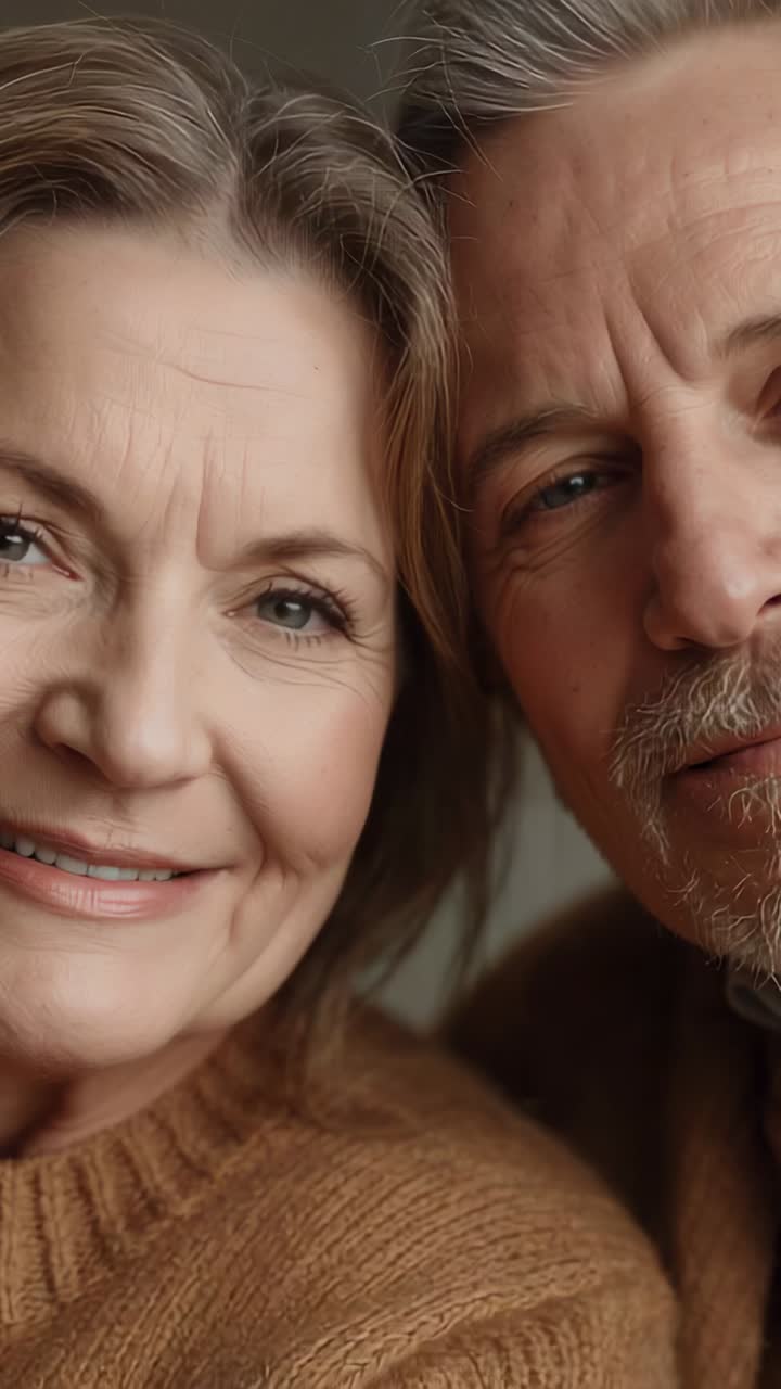 Vertical video: Smiling senior couple posing at home, camera starting, wearing brown sweaters