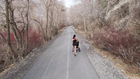 Female-Jogger-Pushing-Stroller-while-Running-on-Outdoor-Path---Aerial