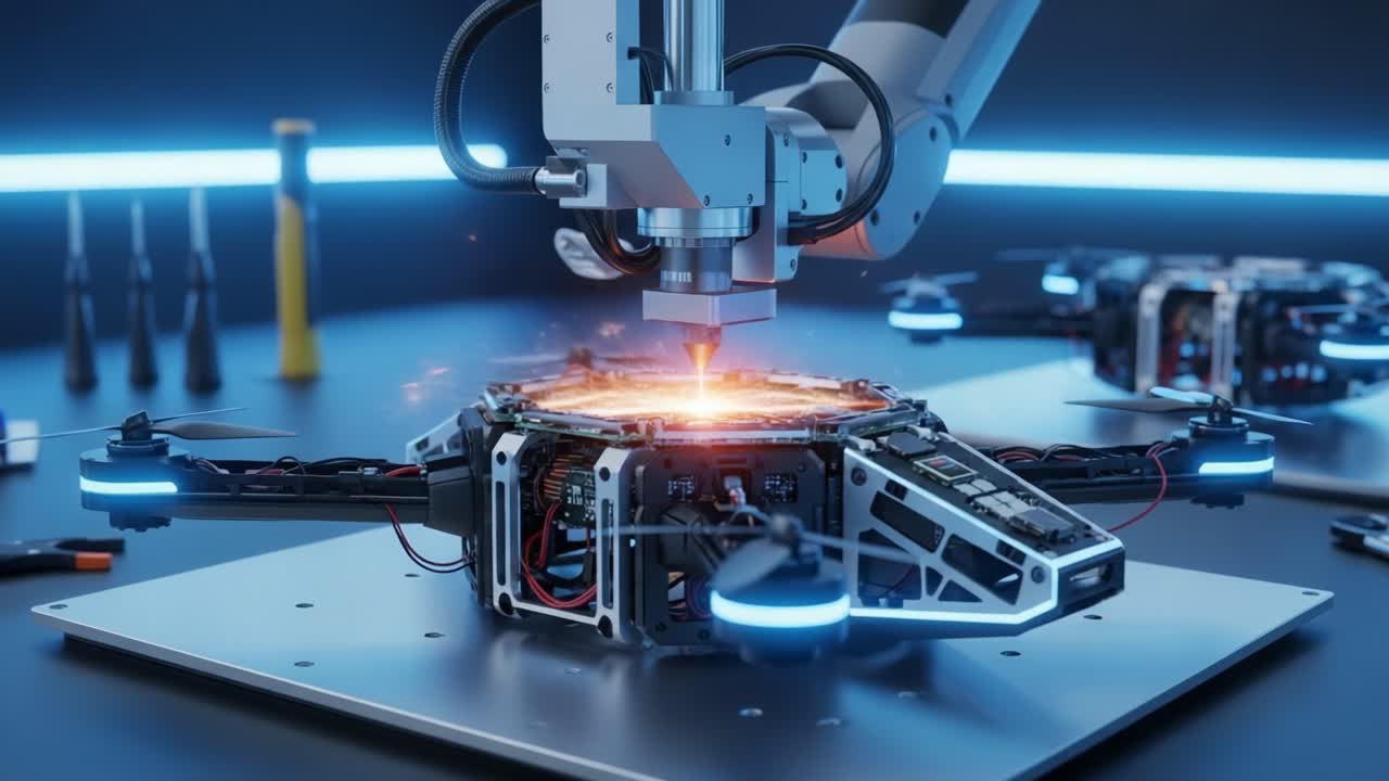 Advanced Robotic Arm Engaging in Precision Manufacturing of Drones Utilizing Laser Technology for Enhanced Craftsmanship and Efficiency