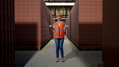 full body of wondering asian female engineer with safety helmet saying why working doubtfully with red brick packed in stacks are stored