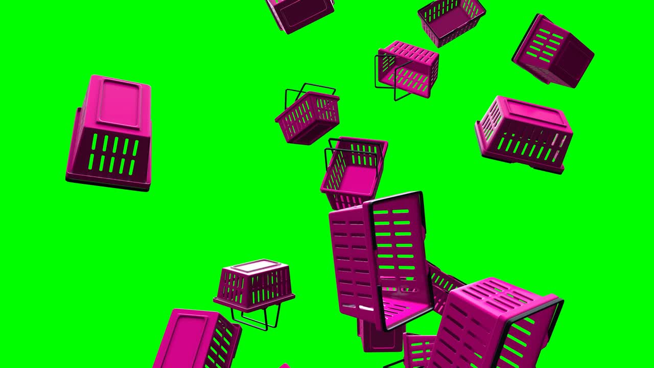 cestas de compras de plástico púrpura en el fondo de la llave de croma verde.