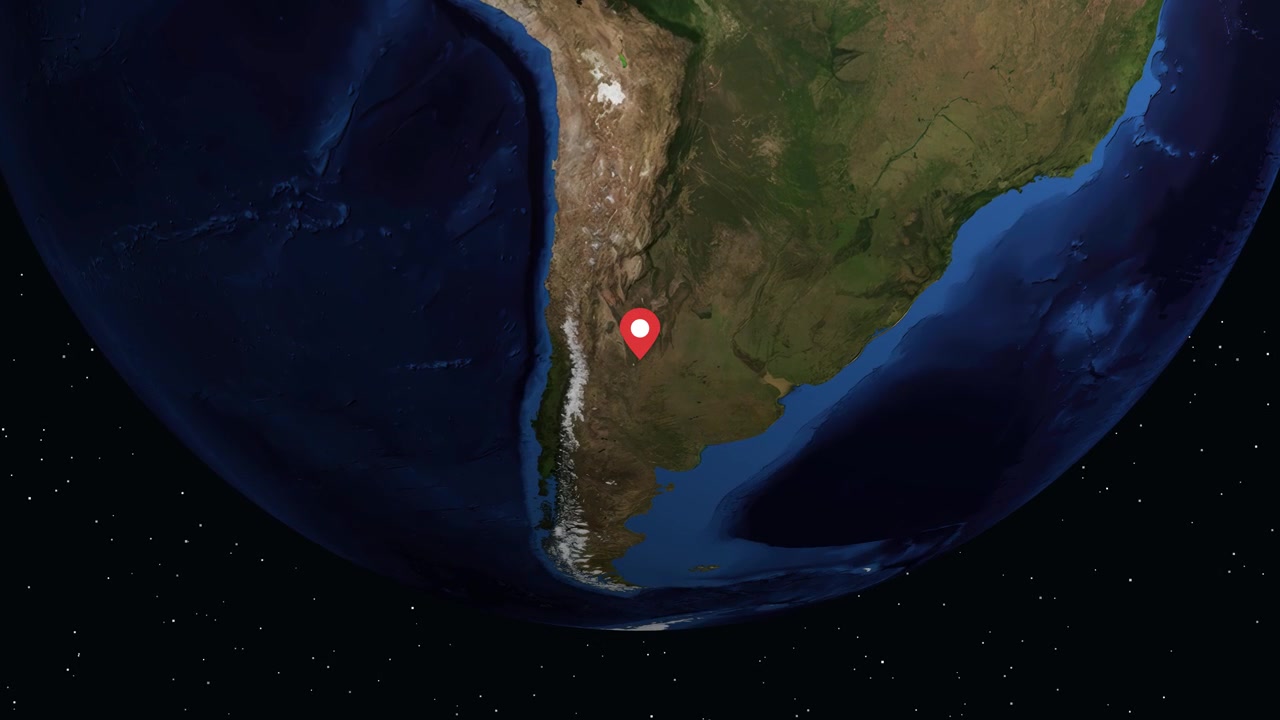 Digital earth rotates and zooms into San Luis Argentina with location pin and demographic information