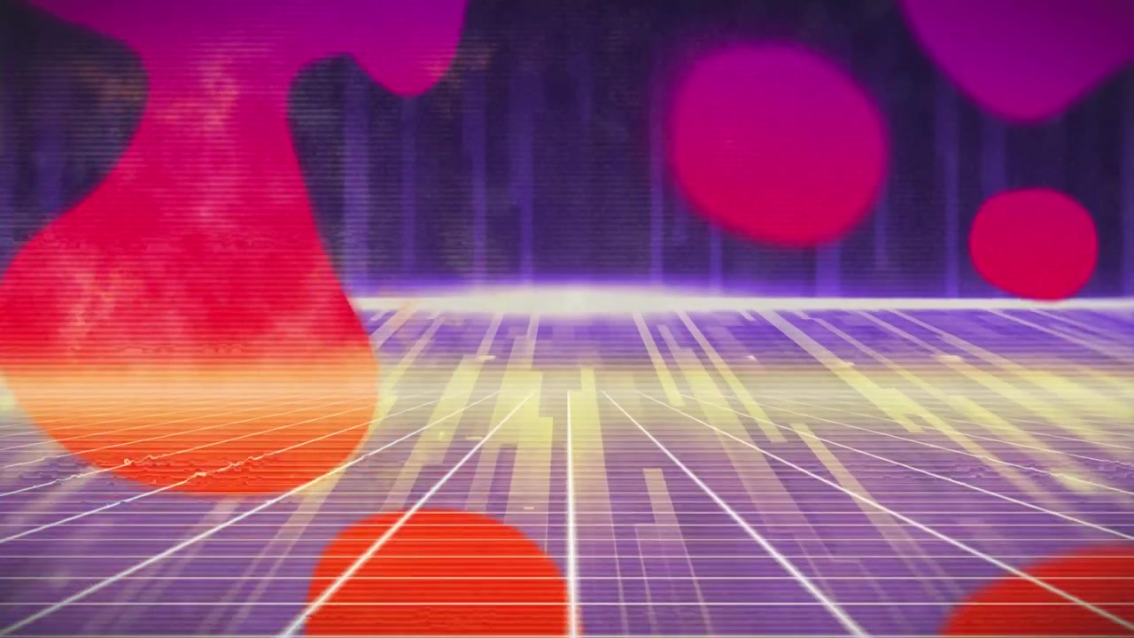 Sfondo a griglia retro synthwave con forme astratte fluttuanti
