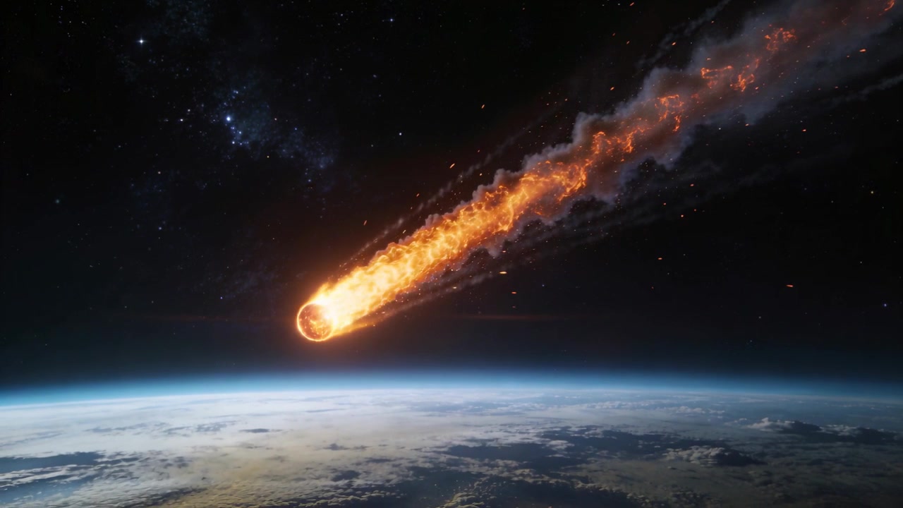 En flammende meteoroid træder ind i atmosfæren og bevæger sig mod horisonten over Jorden med et langt glødende spor.