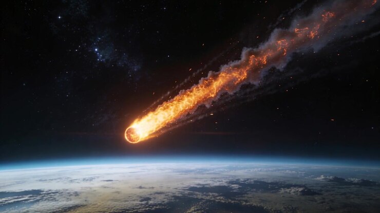Entering atmosphere, fiery meteoroid traveling toward horizon over Earth, with long glowing trail