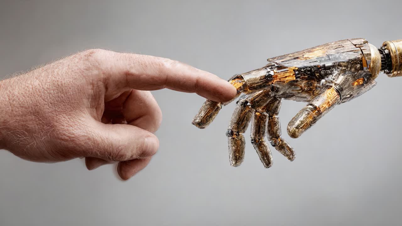 A Fascinating Moment of Connection Between Human and Robotic Hands, Symbolizing the Intersection of Technology and Humanity in a Touching Gesture