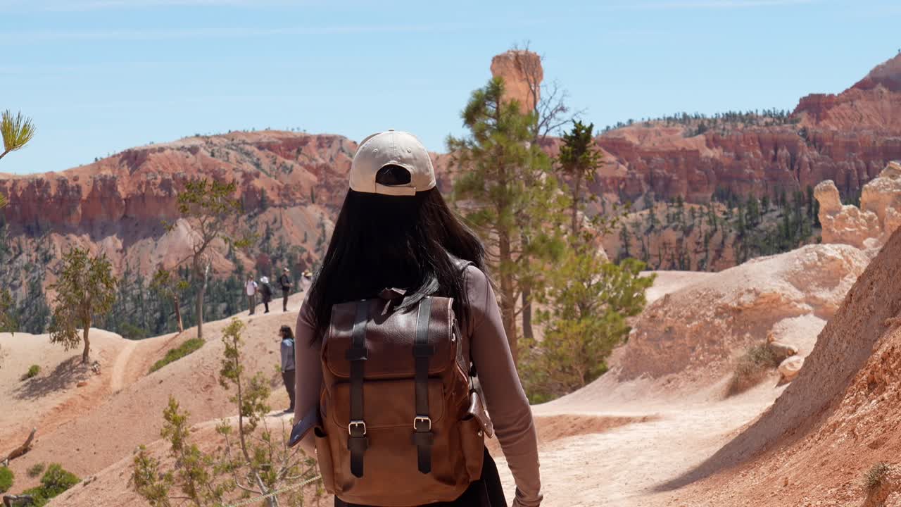 Giovane donna in escursione con zaino nello spettacolare Parco Nazionale Red Rock