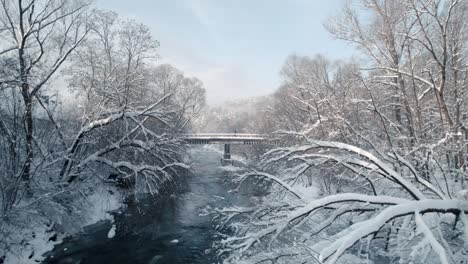 drone view of frozen river, snowy broken trees and bridge surrounded by forest