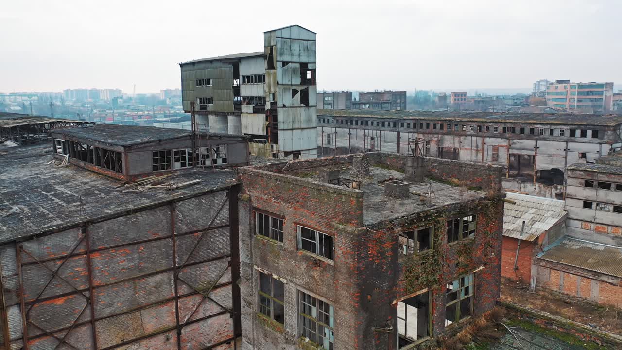Ruins of an old factory. Old industrial complex. Aerial view