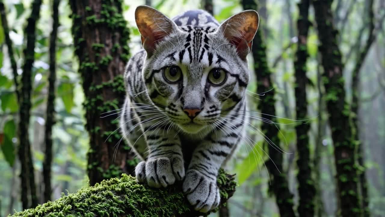 Angolazione video ravvicinata di un gatto dal manto particolare in una foresta lussureggiante e verde.