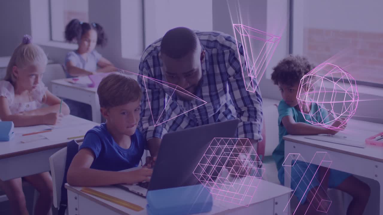 Animation of 3d shapes over happy african america male teacher and schoolboy using laptop