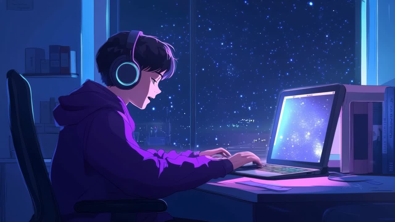 Anime-style video concept of a person in headphones working on a laptop at night