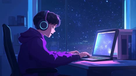 anime-style video concept of a person in headphones working on a laptop at night