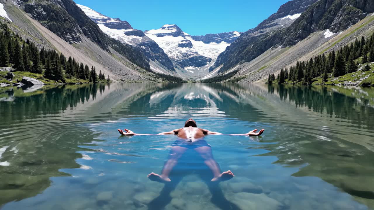 Man Relaxing in a Serene Mountain Lake