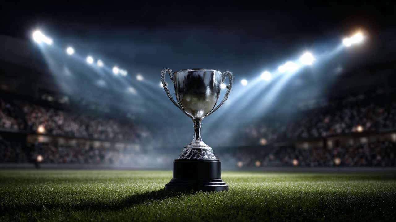 A shining trophy illuminated by stadium lights, symbolizing victory and achievement in sports, captured in the heart of competition, representing excellence in performance