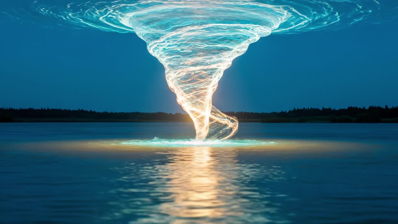 A stunning visual of a mesmerizing water vortex illuminating the night sky with a vibrant glow, creating a captivating spectacle above a tranquil lake