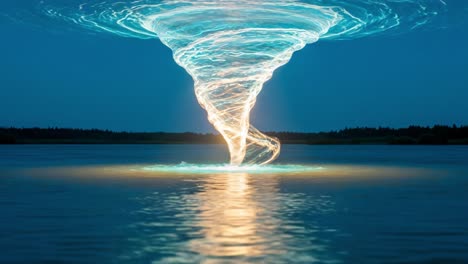 a stunning visual of a mesmerizing water vortex illuminating the night sky with a vibrant glow, creating a captivating spectacle above a tranquil lake