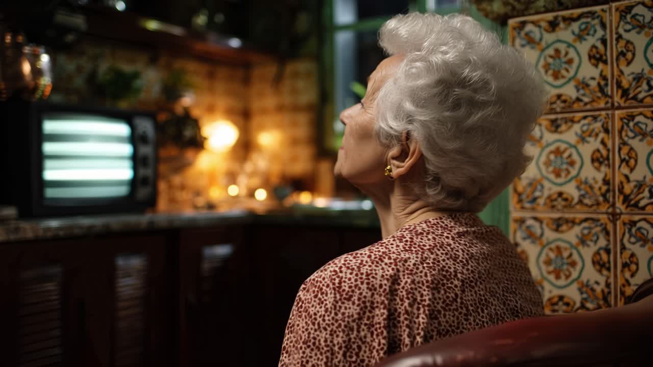 Senior woman watches old TV with quiet focus. Warm lights glow softly behind her. Patterned tiles line the room's wall. She rests in a dimly lit, cozy space. Her gaze remains fixed on the screen
