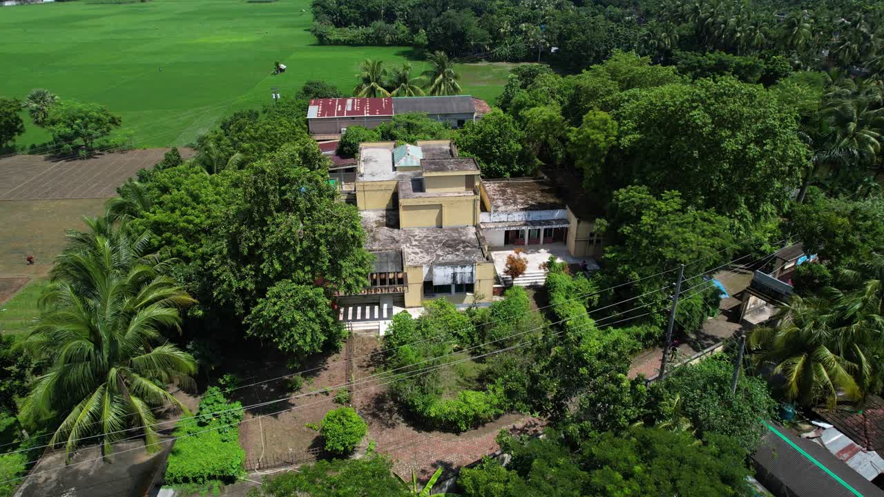 A serene home nestled among dense green trees surrounding agricultural fields in monsoon, Drone shot