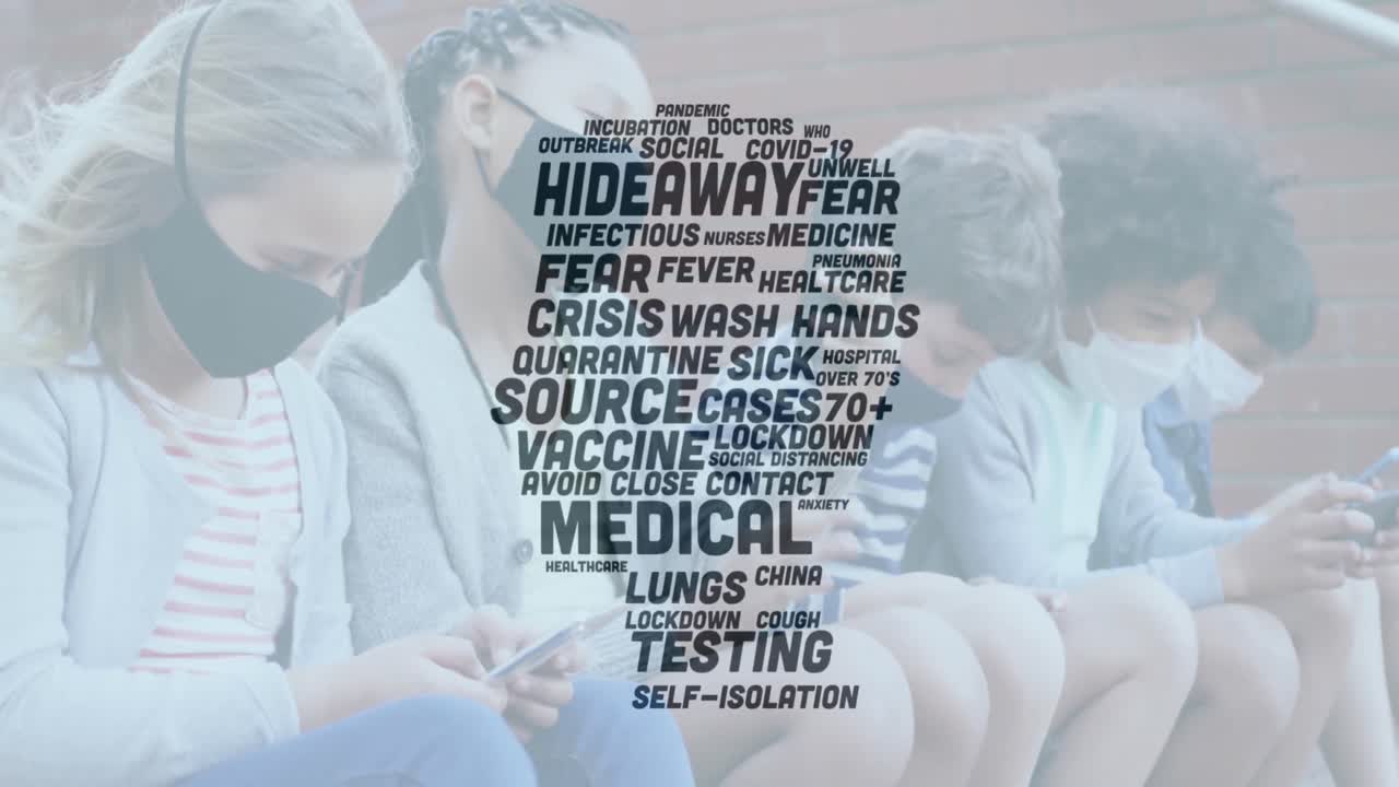 스마트 폰을 사용하여 얼굴 마스크를 착용하는 학생 그룹에 대한 여러 학교 개념 텍스트