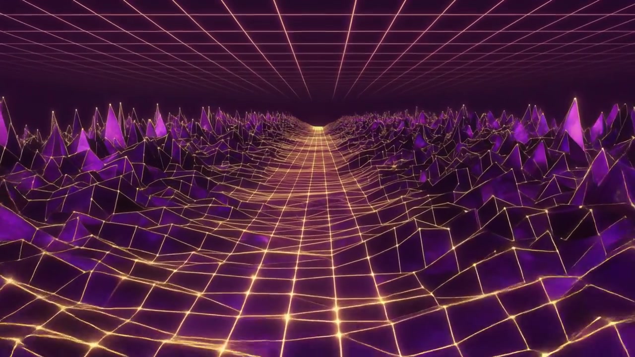 Paesaggio digitale in stile synthwave retrò con griglia luminosa