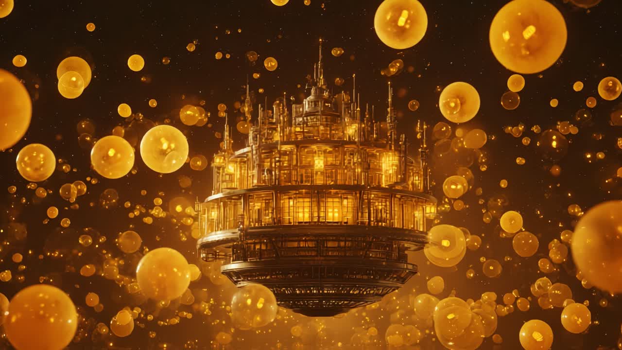 A Majestic Floating Structure Surrounded by Glowing Orbs in a Golden, Ethereal Environment Captured in Two Breathtaking Frames of an Enigmatic Video Journey