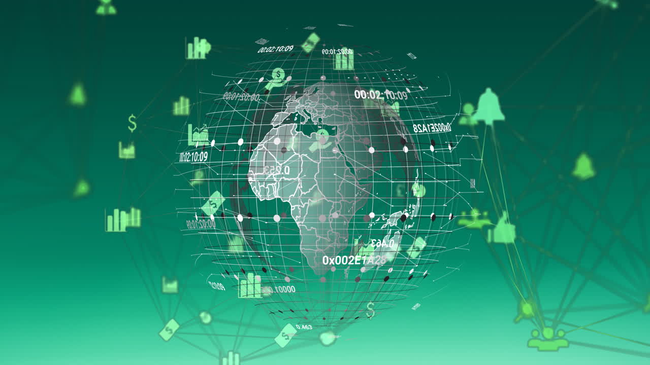 animación de una red de iconos digitales sobre un globo giratorio contra un fondo verde