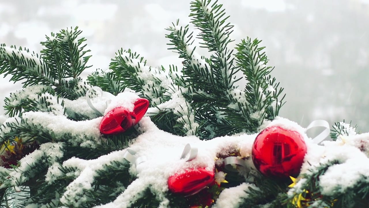Juletræsgrene pyntet med legetøj under sne