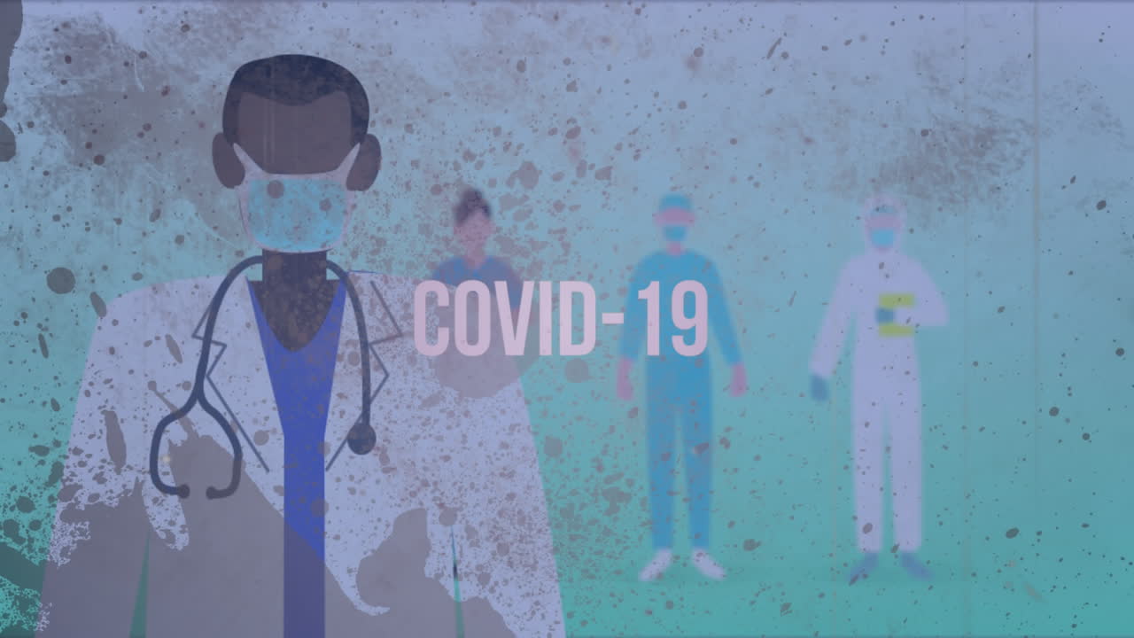 푸른 먼지 배경에 마스크를 쓴 의료 종사자들에 대한 코로나19 단어 애니메이션