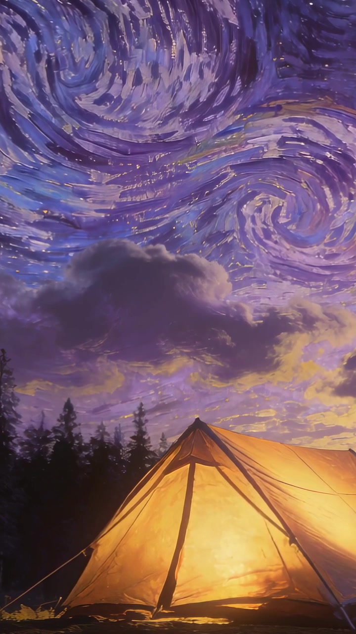 Video verticale: Tenda luminosa con luce interna che illumina la foresta mentre una nuvola si sposta, causando uno scintillio nel cielo.