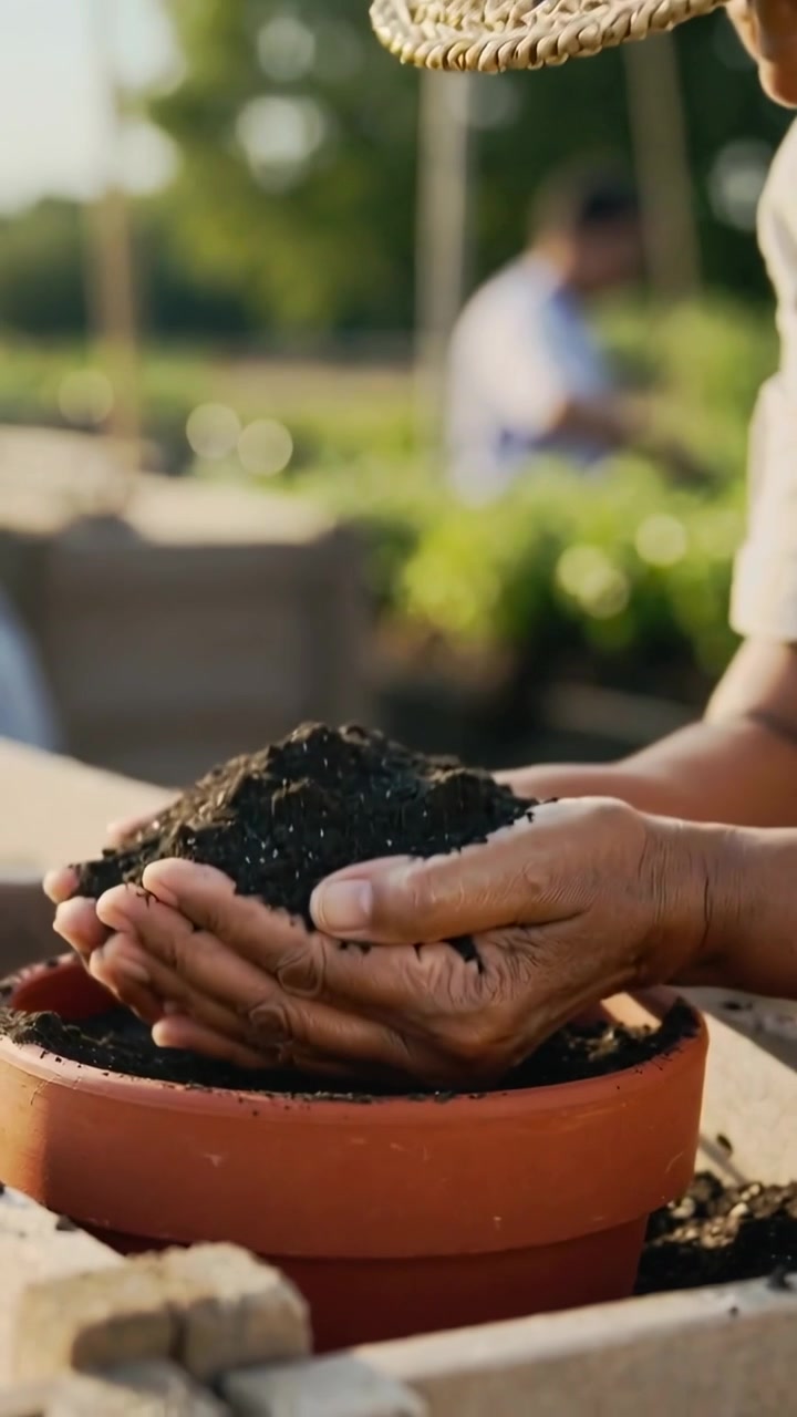 Vertical video: Hands releasing soil gardener filling clay pot at bench to plant wearing straw hat