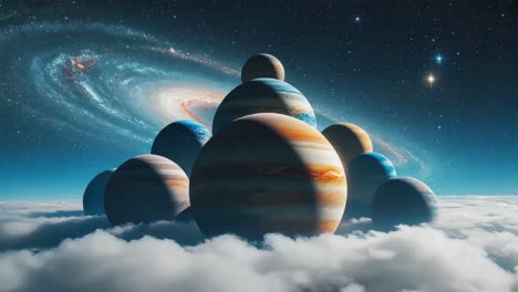 planets floating above clouds in a galactic sky