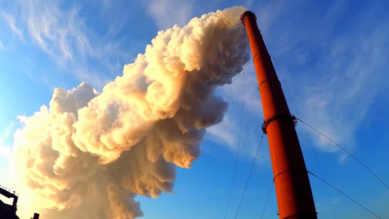 Video da un angolo basso di un’imponente ciminiera che emette nuvole dense su un cielo blu